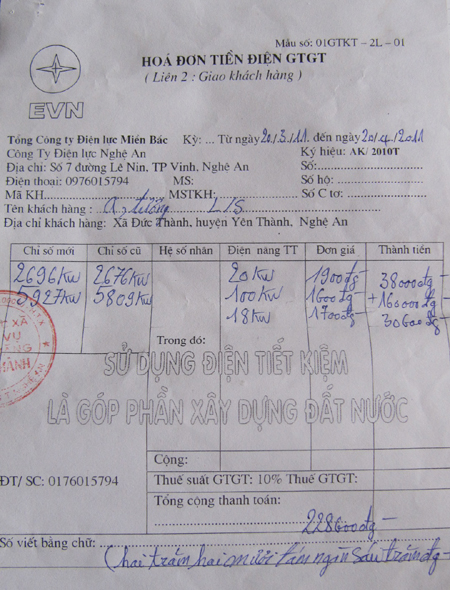 Với 118kW điện sinh hoạt anh Tương phải trả giá bậc thang cao hơn giá quy định của Nhà nước