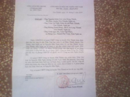 Công văn trả lời của công an huyện yên thành