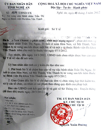 Công văn UBND tỉnh Nghệ An phê bình Sở Y tế chậm báo cáo vụ việc.