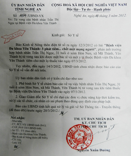 Công văn của UBND tỉnh Nghệ An gửi báo Kinh tế nông thôn.