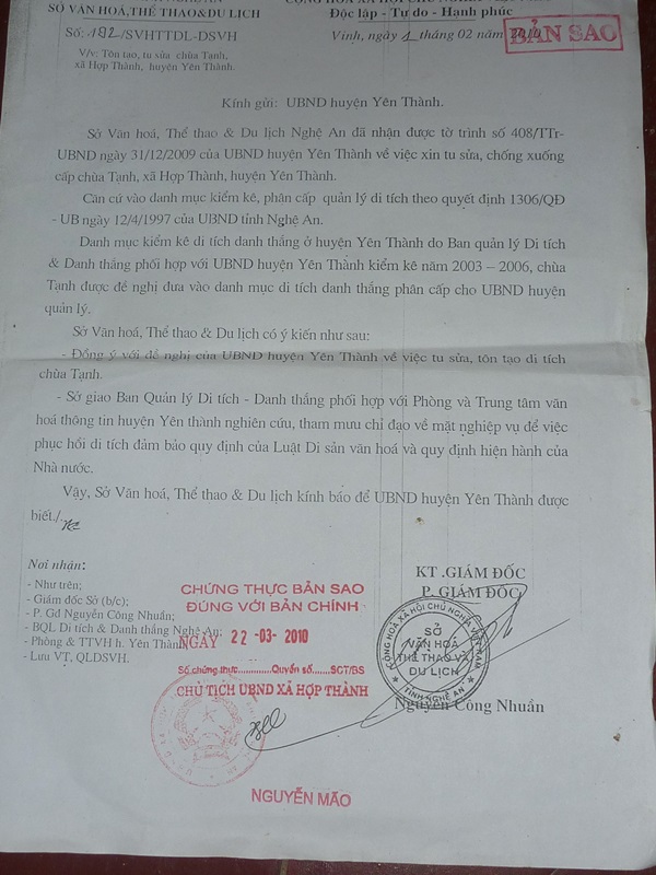 Công văn của Sở VHTT&DL Nghệ An